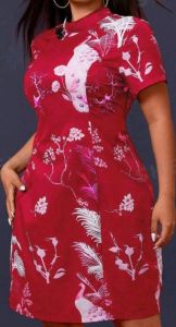 Adult Female Costumes to Hire - Chinese - Red dress with Peacock print